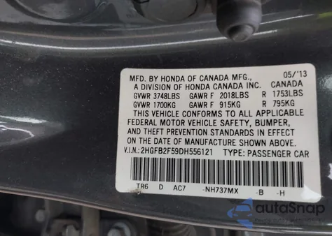 2013 Honda Civic Lx z USA, uszkodzony, nr VIN 2HGFB2F59DH556121